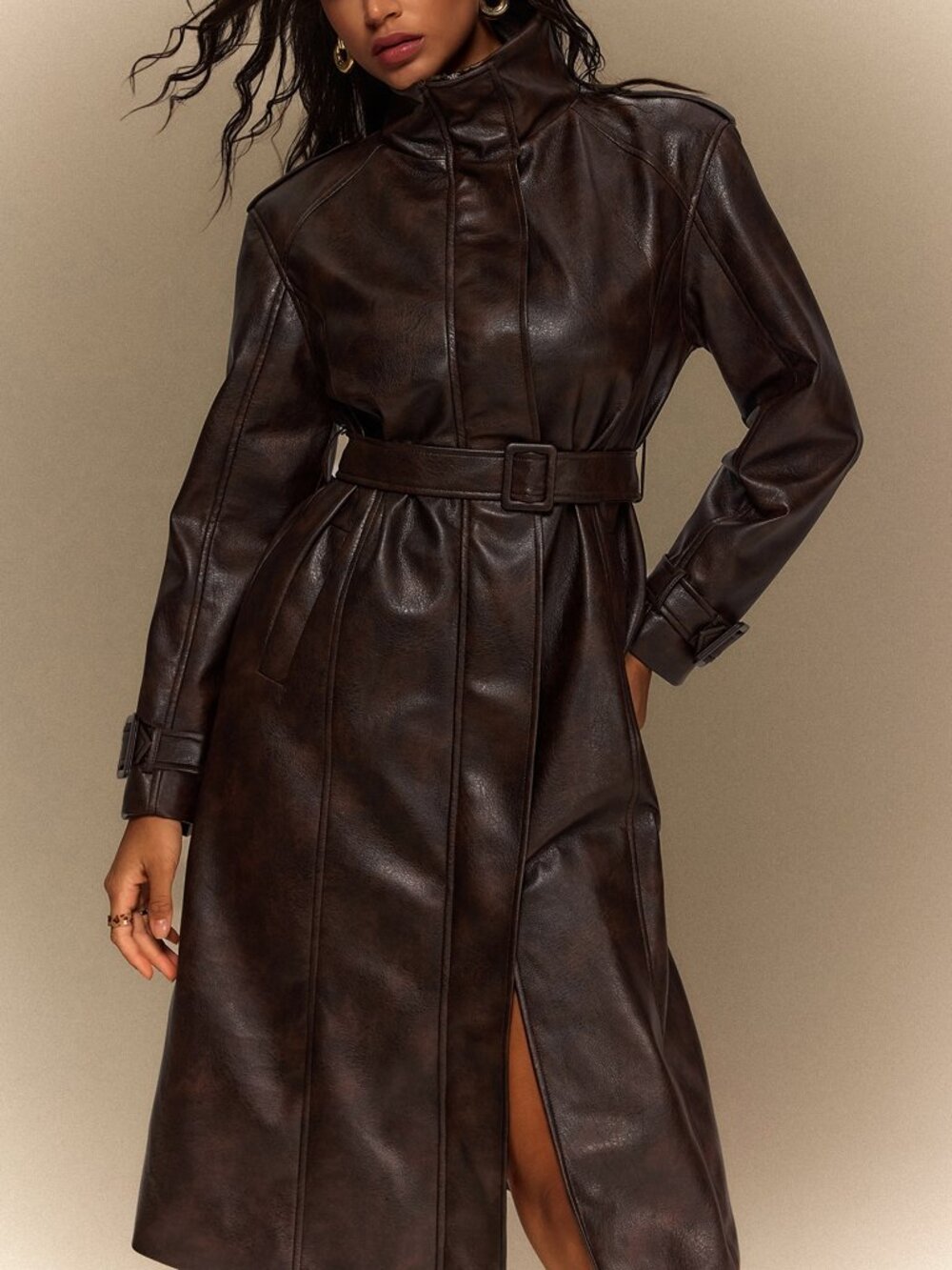 Brown Elegant Women's Loose Funnel Neck Zipper Faux Leather Trench Coat - Picture 3 of 7